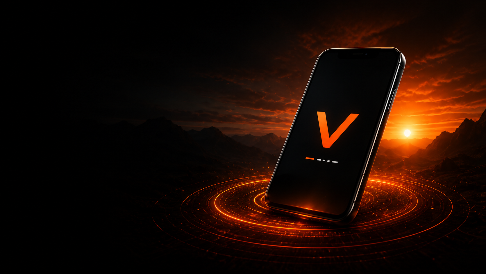 Vyrico smartphone above glowing orange rings at sunset